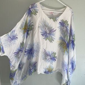 Silk‎ Poncho Top White Blue Sheer Georgette Lagenlook Boxy Fit Artsy Italy Large